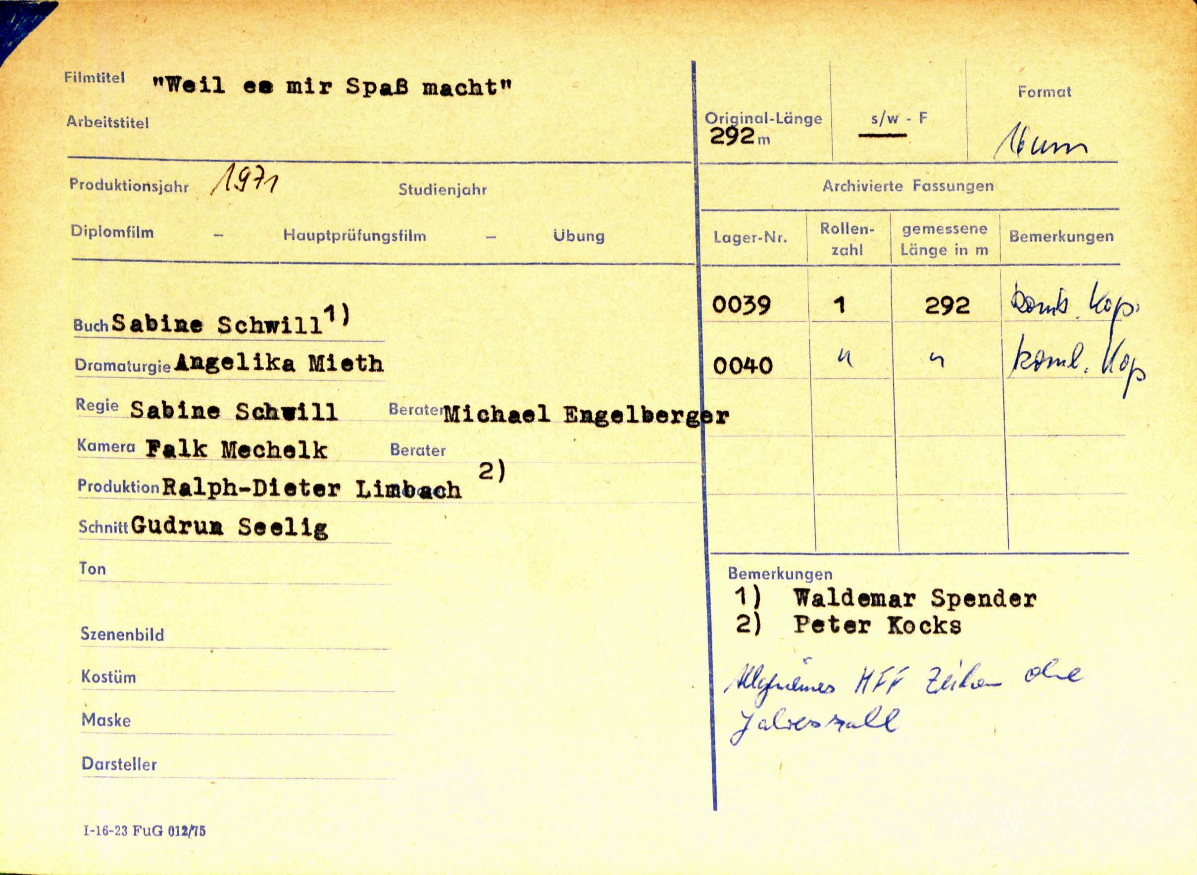 Karteikarte WEIL ES MIR SPASS MACHT © Bibliothek Filmuniversität KONRAD WOLF
